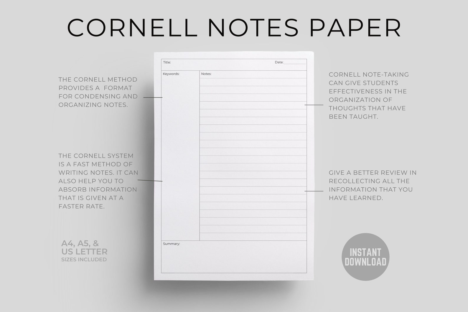 Cornell Notes Paper Printable Cornel Method Student Note - Etsy
