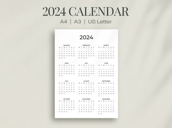 2024 printable one page calendar, full year at a glance with a simple &  minimalist design. a3, a4, and us letter sizes. new-year full print - etsy