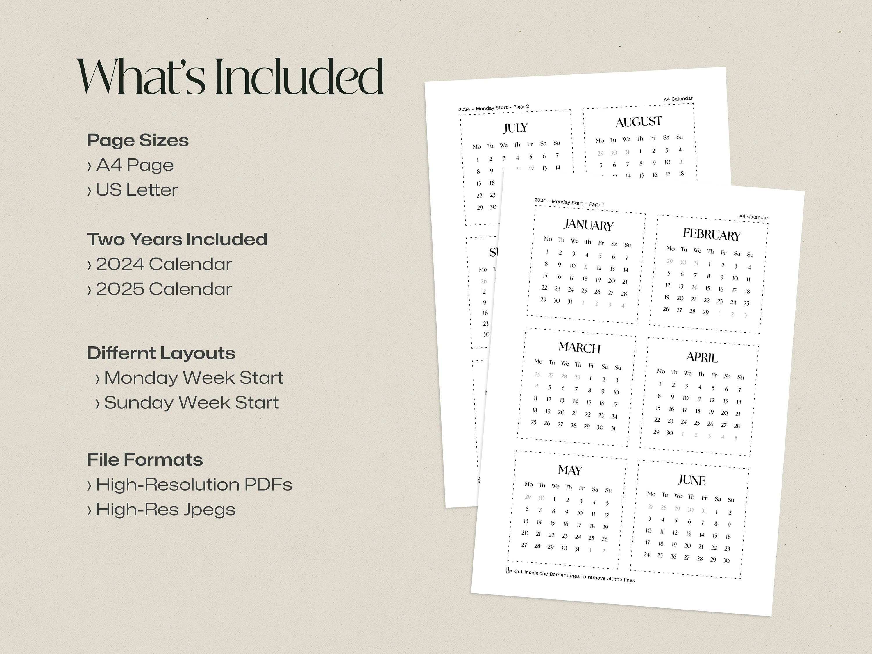 2024 2025 Mini Calendar Printable Cards, 3x3 Mini Monthly Calendar