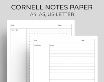 paper with dotted lines for writing Cornell Notes Paper Printable, Cornel Method Student Note Taking, College Rule Writing Paper, Dot Grid, A4, A5, US Letter, Half-Letter PDF