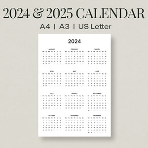 2024-2025 Printable One Page Calendar, Full Year at a Glance with a minimalist design. A3, A4, and US Letter Sizes. 2024 & 2025 Year Bundle