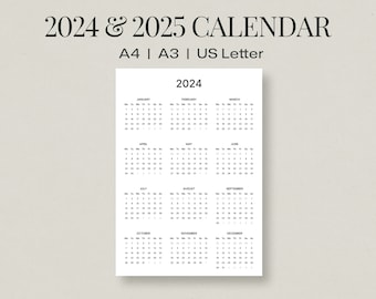 2024-2025 Printable One Page Calendar, Full Year at a Glance with a minimalist design. A3, A4, and US Letter Sizes. 2024 & 2025 Year Bundle