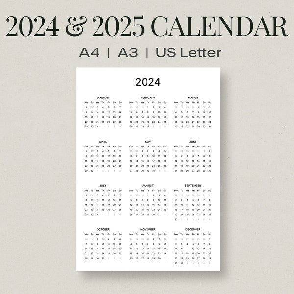 Druckbarer einseitiger Kalender 2024–2025, das ganze Jahr auf einen Blick mit minimalistischem Design. Formate A3, A4 und US-Letter. Jahrespaket 2024 und 2025