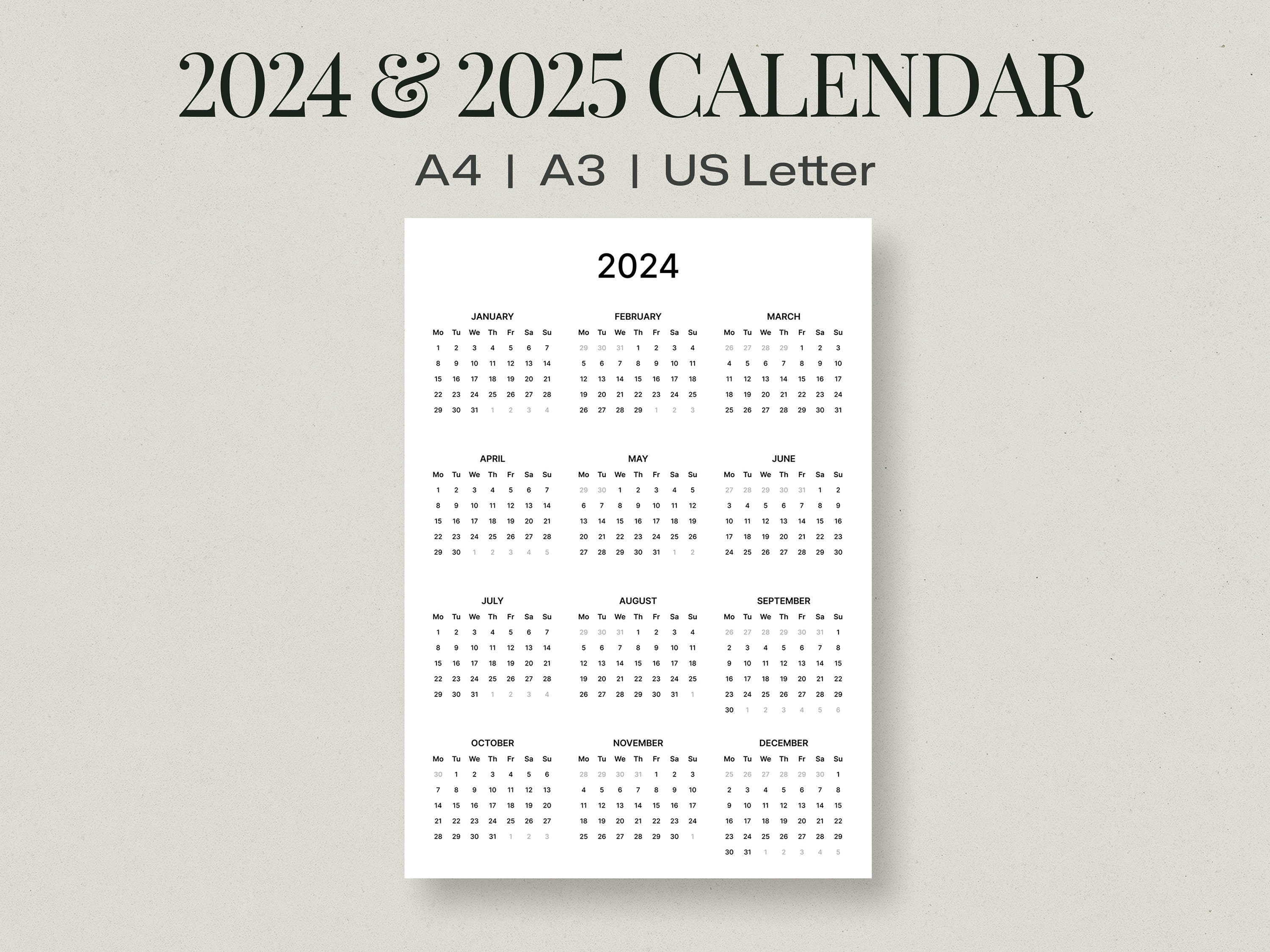2024-2025 Printable One Page Calendar, Full Year at a Glance With a ...