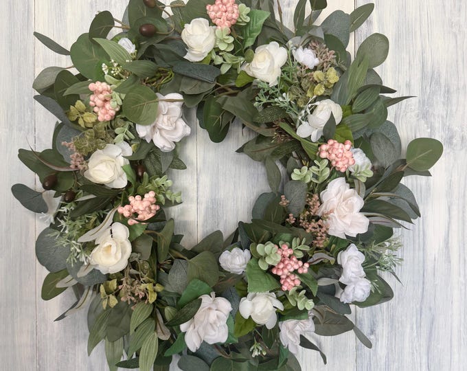 Featured listing image: Blush Pink Rose & Berry Wreath: Cottagecore Front Door Decor