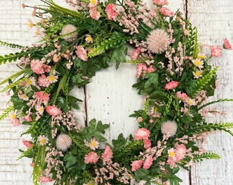Handmade Artificial Blush and pink spring wildflower wreath for front door home decor  all year wreath front door decor