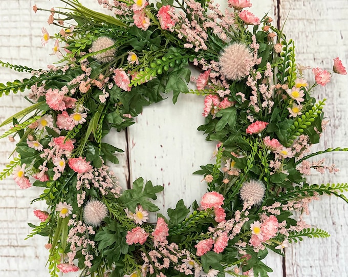 Featured listing image: Handmade Artificial Blush and pink spring wildflower wreath for front door home decor  all year wreath front door decor