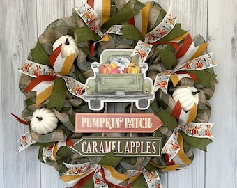 Handmade Pumpkin Patch Wreath Fall Door Decor Autumn Harvest Wreath Rustic Farmhouse Wreath Pumpkin Themed Fall Wreath Front Door