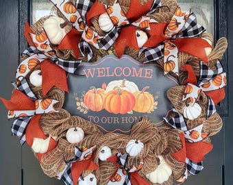 Fall Welcome Wreath for Front Door Rustic Farmhouse Pumpkin Decor Black and White Buffalo Plaid Mesh Wreath