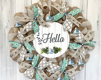 Coastal hello wreath, beach wreath, rustic blue and tan wreath, nautical wreath, house warming gifts