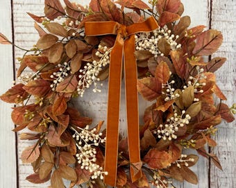 Fall Wreath: Orange Leaves, Cream Berries & Velvet Bow - Autumn Decor