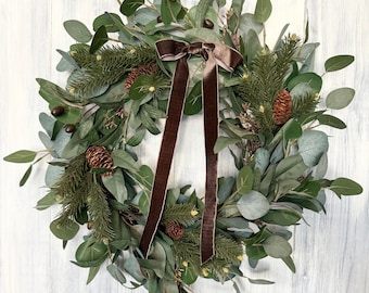 Front door Christmas wreath, Christmas wreath with velvet bow, rustic brown and green eucalyptus pine & olive branch winter wreath