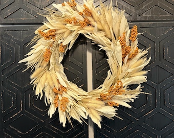 Rustic Corn Husk Fall Wreath: Faux Pampas Grass & Orange Berries