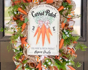 Carrot Patch Easter Wreath, Farmhouse Spring Door Decor, Happy Easter Rabbits