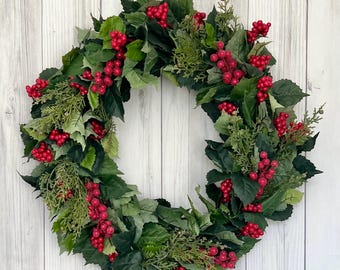 Rustic Christmas wreath, holly and red berry, modern farmhouse, traditional Christmas, holiday front door