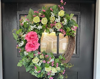 Pink rose and Ivy Wreath, AKA inspired wreath, year round wreath