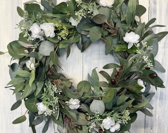 Eucalyptus & Olive Branch Wreath: White Flowers, Farmhouse Door Decor