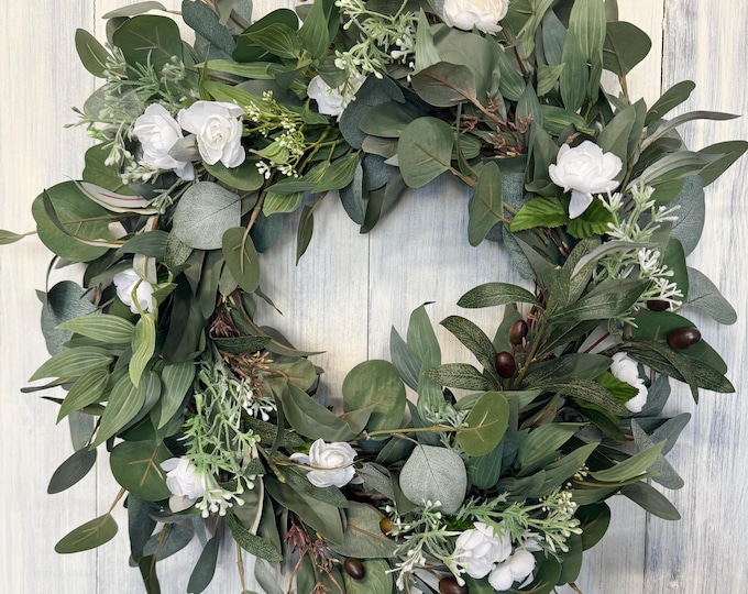 Featured listing image: Eucalyptus & Olive Branch Wreath: White Flowers, Farmhouse Door Decor