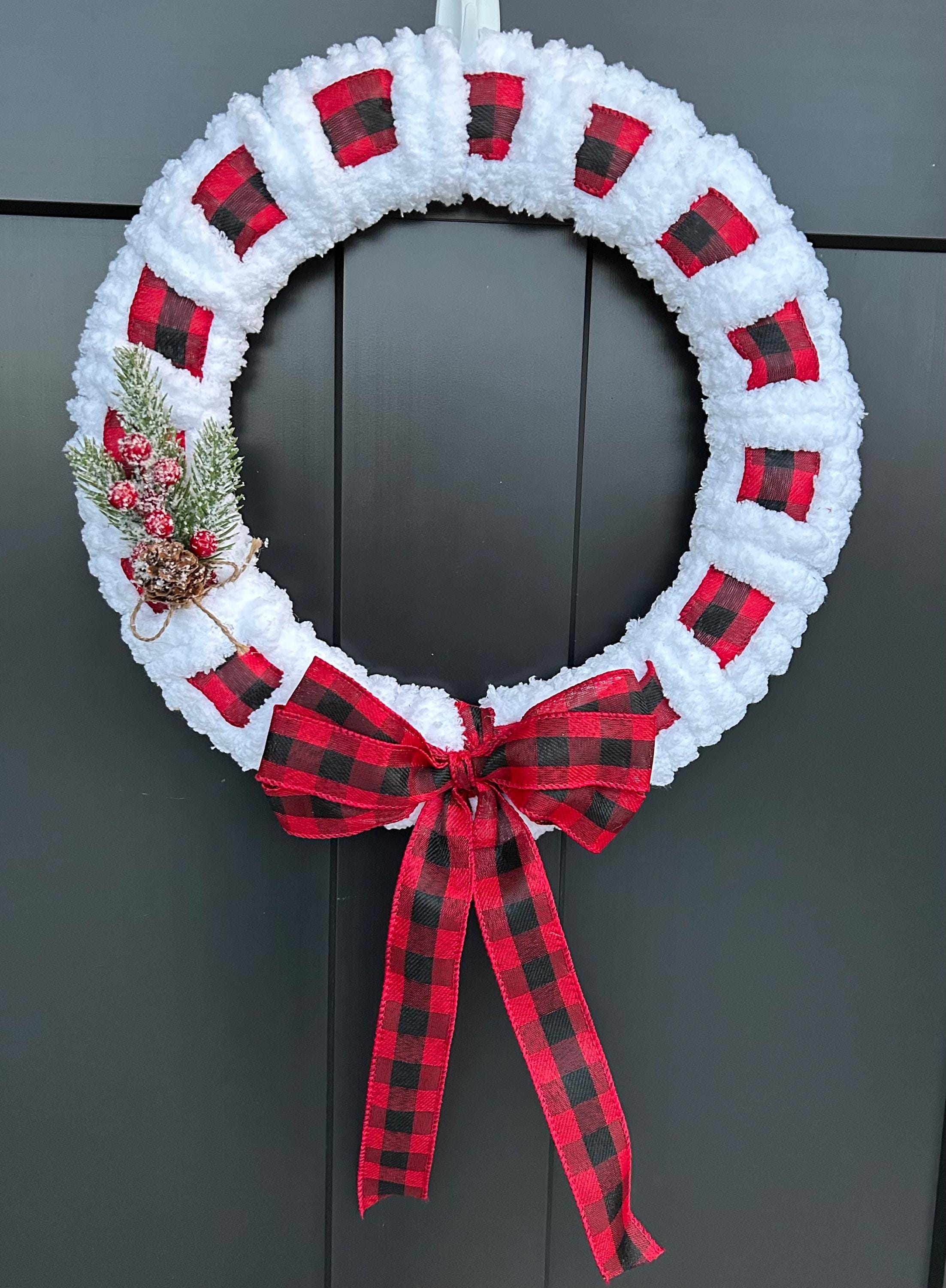 16 Cozy Christmas Wreaths to Welcome the Season 7 Buffalo Plaid Wreath: Chenille Yarn White Christmas Wreath