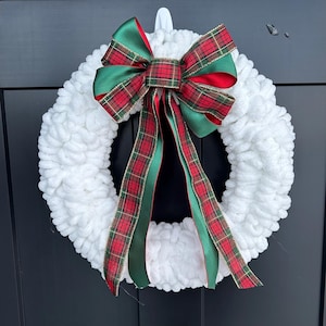 White Yarn Christmas Wreath with Plaid, Red, and Green Bow