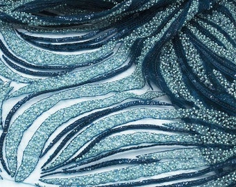 Tulle lace fabric embroidered with beads and sequins Precious teal. For ceremonial, evening or gala garments, dresses and accessories.