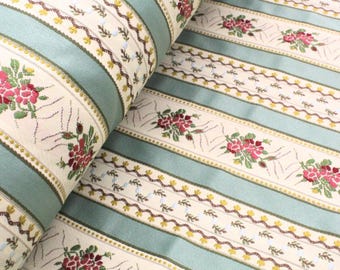 Damask upholstery fabric with gold, pink, burgundy, and aqua stripes. Sold by the meter (multiples of 50 cm: 1 = 50 x 280 cm; 2 = 100 x 280 cm, etc.)
