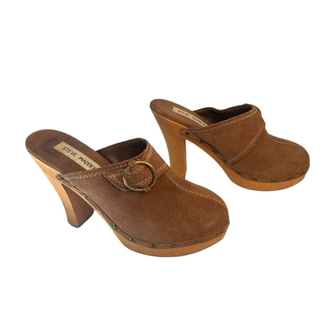 Steve Madden FARIS Vintage 90 s Y2K Brown Suede Clogs Mules Wooden