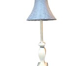 Vintage Antique White Blue Detail Buffet Stick Lamp with Blue Rattan Shade 25 quot