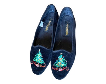 Vintage New York Lites Black Velvet Christmas Tree Embroidered Slip On Flats 6
