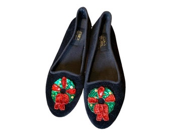 Vintage Jessica Stevens Black Velvet Christmas Wreath Sequin Embroidered Flats 7