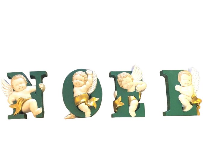 Vintage 1987 BURWOOD Christmas Cherubs NOEL Angel Letters Plaque Set 5