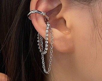 Sparkling Chain Ear cuff Earrings, Ear cuff No Piercing, Silver Ear cuffs, Ear cuff Non Pierced, Fake Piercings, Earrings with Long Chain