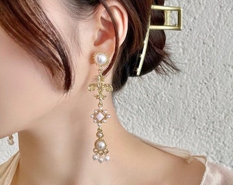 Damen Kronleuchter Ohrringe Kreuz Strass Barock Vintage Kunstperle Lang Damen Kronleuchter Ohrringe Kreuz Strass Barock Vintage Kunstperle Lang