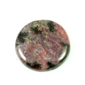 May include: A round, polished cabochon of pink and black rhodochrosite. The stone has a smooth, glossy finish and a swirling pattern of pink and black.