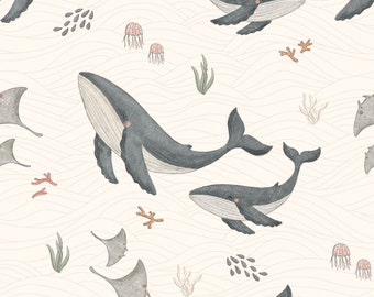 Wal Wale Manta Fische Meer unter Wasser Tiere Baumwolle Jersey Musselin Canvas Softshell wasserdichter Stoff Popeline Kinderstoff Kind