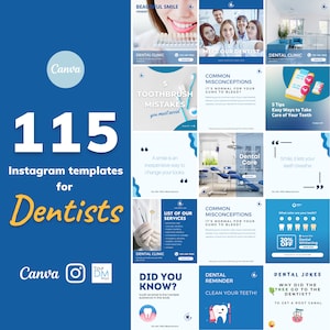 115 Plantillas dentales de Instagram / Plantilla de Instagram para dentistas / Plantilla de dentista de redes sociales / Instagram Canva para dentistas