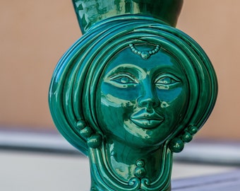 Monochrome Green Moorish Head, Ceramic Face Vase, Testa di Moro, Female