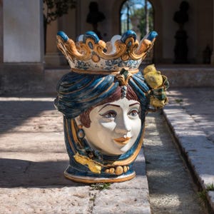 Maceta siciliana con cabeza femenina, jarrón de cerámica de Caltagirone, adorno de limón, decoración mediterránea pintada a mano