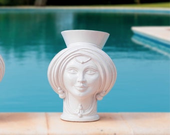Monochrome White Moorish Head, Ceramic Face Vase, Testa di Moro, Female