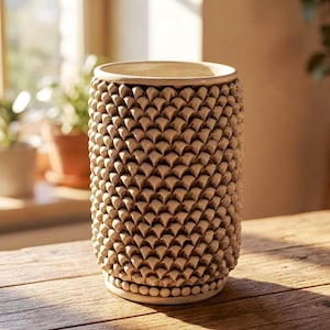Pode incluir: Um vaso de cerâmica bege com um padrão texturizado em forma de escamas. O vaso cilíndrico tem uma abertura larga e assenta numa superfície de madeira. O vaso tem cerca de 25 cm de altura, adequado para decoração de casa.