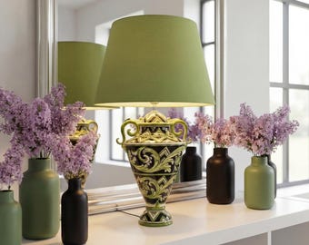 Caltagirone keramische tafellamp groen zwart Paris-design, groot Italiaans aardewerk nachtkastje