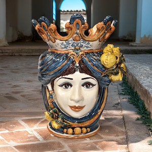 Sicilian Female Head Planter, Caltagirone Ceramic Vase, Lemon Ornament, Hand-Painted Mediterranean Decor