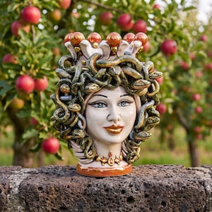 Medusa Turban Ceramic Head 25cm, Mother of Pearl & Antique Gold, Italian Pottery