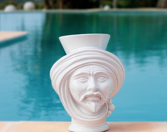 Monochrome White Moorish Head, Ceramic Face Vase, Testa di Moro, Male