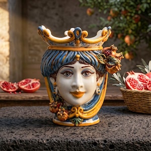Puede incluir: Un jarrón de cerámica con la cara de una mujer, adornado con una corona y detalles de granadas. El jarrón presenta una combinación de colores azul y amarillo, con una cara blanca y detalles pintados. El fondo incluye granadas y una cesta de mimbre.