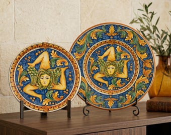 Plato de cerámica Trinacria - Arte mural de cerámica de Caltagirone - Decoración de plato de cerámica italiana