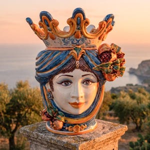Handmade Caltagirone Ceramic Head Planter, Blue Orange Pomegranate Vase
