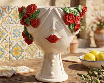 Handmade Testa di Moro Donna Ceramic, Red Roses, Caltagirone Art, 30cm