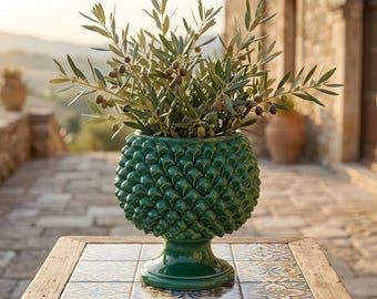 Handmade Emerald Green Pinecone Vase, Caltagirone Ceramic Italian Pottery