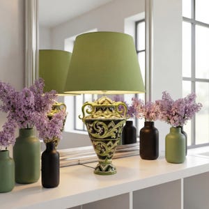 Caltagirone Ceramic Table Lamp Green Black Paris Design, Large Italian Pottery Bedside Lamp